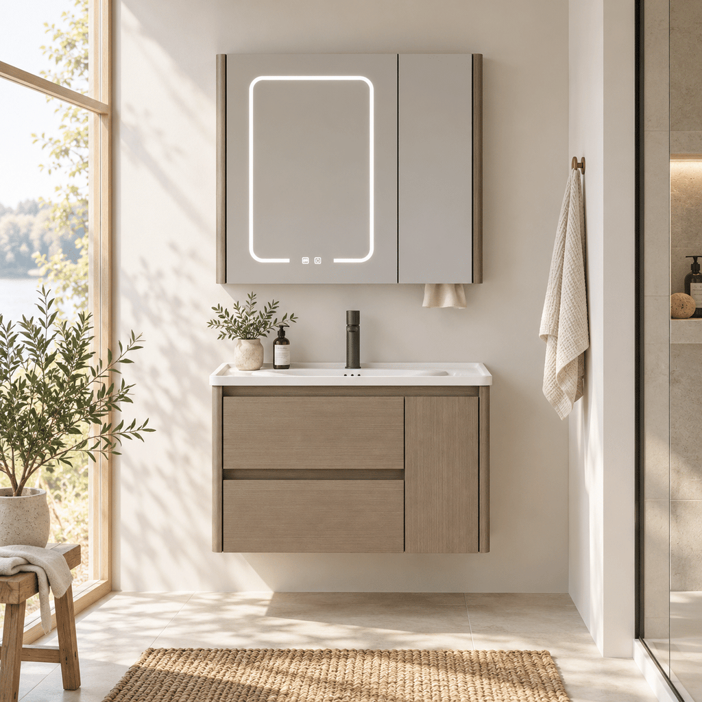 Set Mobilier Baie 80 cm cu Lavoar Ceramic și Dulap cu Oglindă LED, Stejar Greige