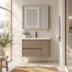 Set Mobilier Baie 80 cm cu Lavoar Ceramic și Dulap cu Oglindă LED, Stejar Greige