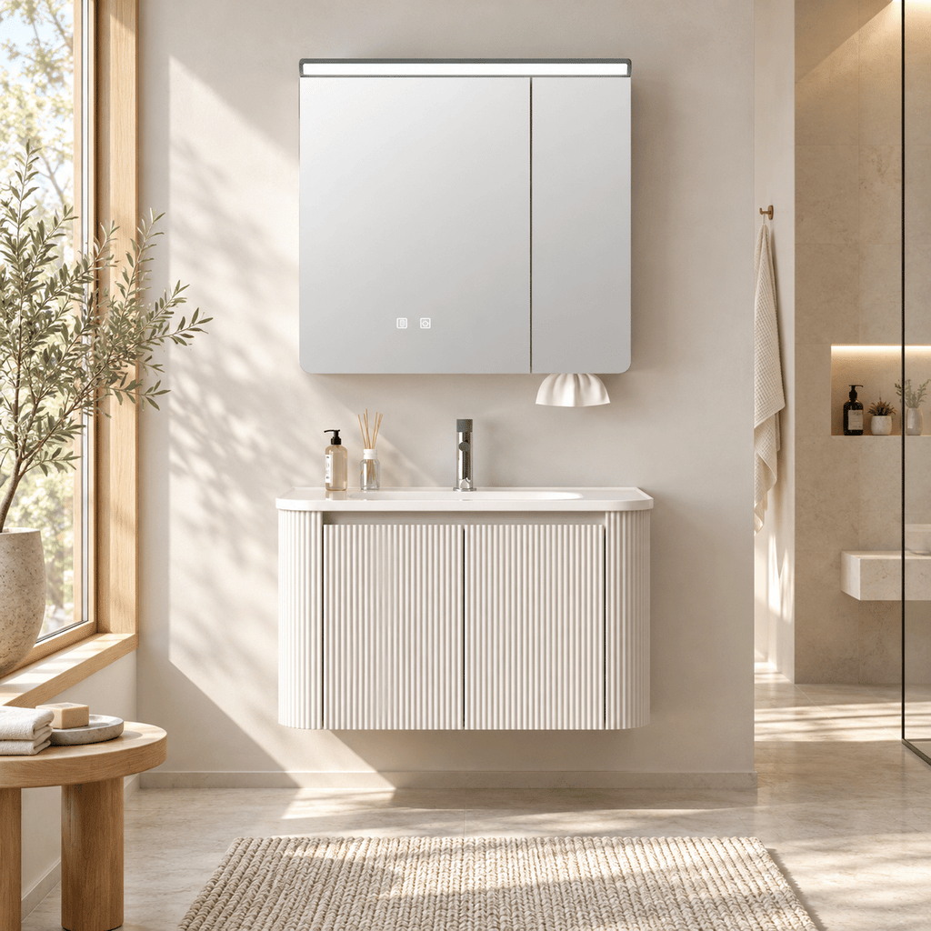 Set Mobilier Baie 80 cm cu Lavoar Ceramic și Dulap cu Oglindă LED, Bej