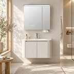 Set Mobilier Baie 80 cm cu Lavoar Ceramic și Dulap cu Oglindă LED, Bej