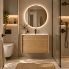 Set Mobilier Baie 80 cm cu Lavoar Ceramic și Oglindă LED 70×70 cm, Stejar Greige