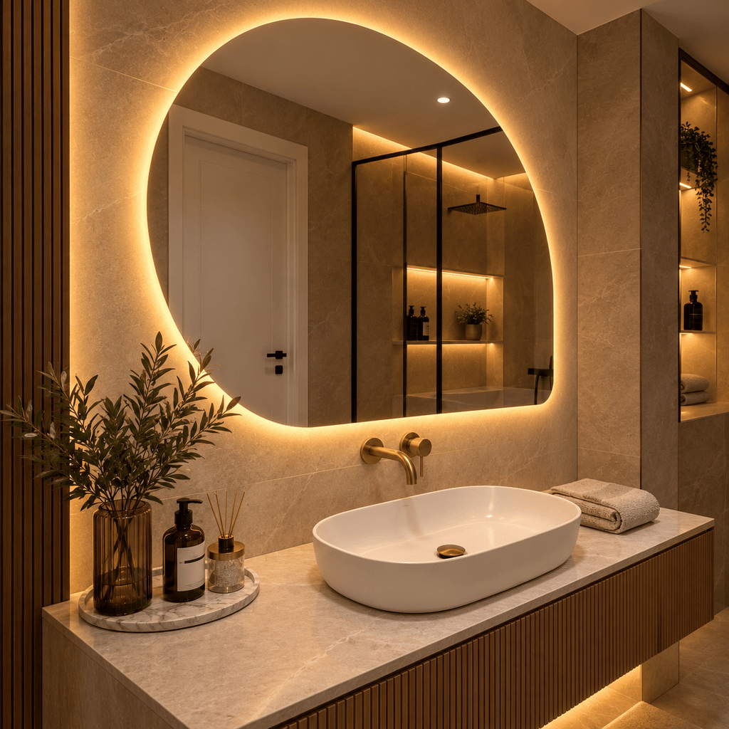 Oglindă LED Asimetrică 80×80 cm, Iluminare Spate, Dezaburire, 3 Tipuri de Lumină, Touch