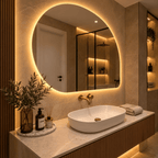 Oglindă LED Asimetrică 80×80 cm, Iluminare Spate, Dezaburire, 3 Tipuri de Lumină, Touch