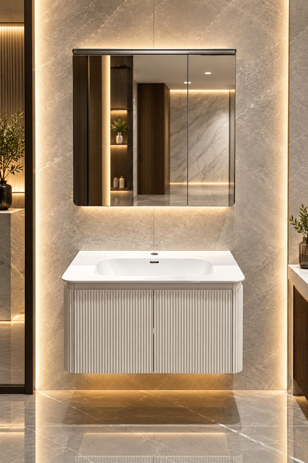 Set Mobilier Baie LED 80 cm cu Lavoar Ceramic și Dulap cu Oglindă LED, Alb