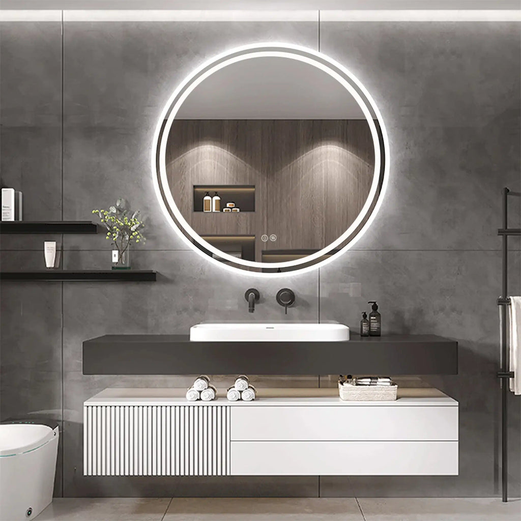 Oglindă LED Rotundă 80×80 cm, Iluminare Față + Spate, Dezaburire, 3 Tipuri de Lumină, Touch