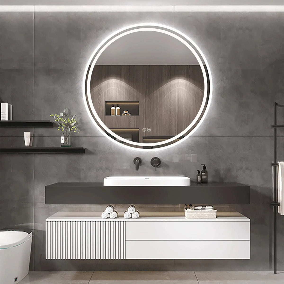 Oglindă LED Rotundă 80×80 cm, Iluminare Față + Spate, Dezaburire, 3 Tipuri de Lumină, Touch