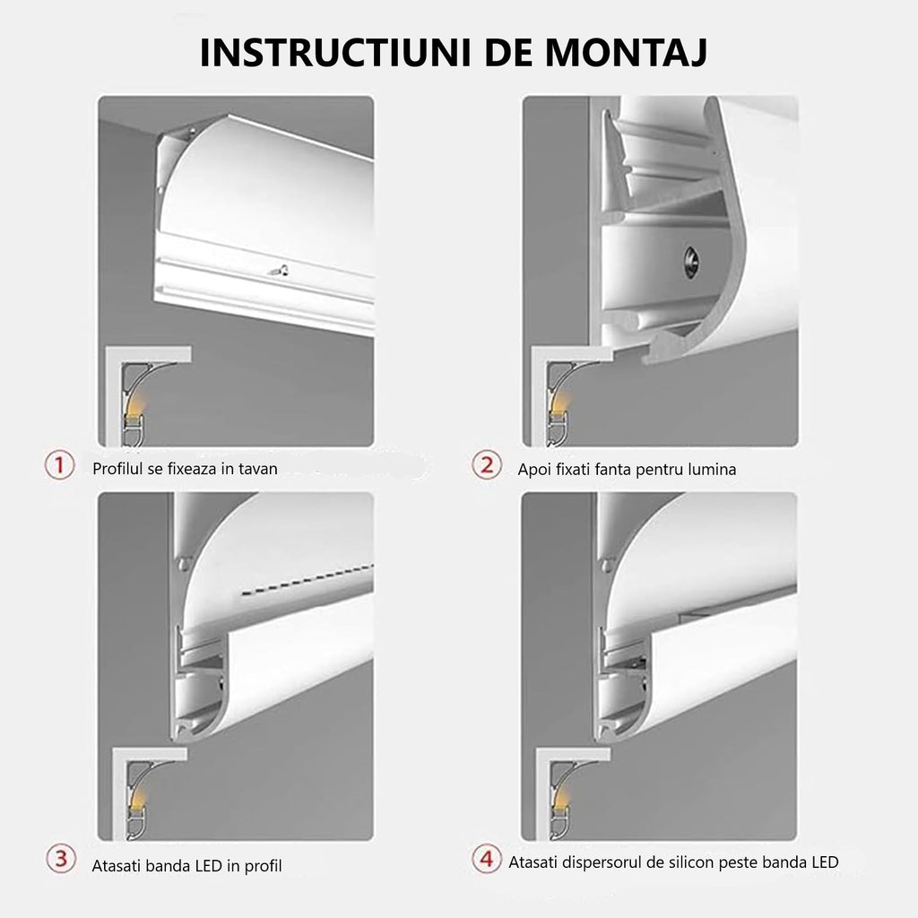 Profil LED Aplicat Tip Scafa Sau Plinta, Lungime 3m, Material Aluminiu, Alb
