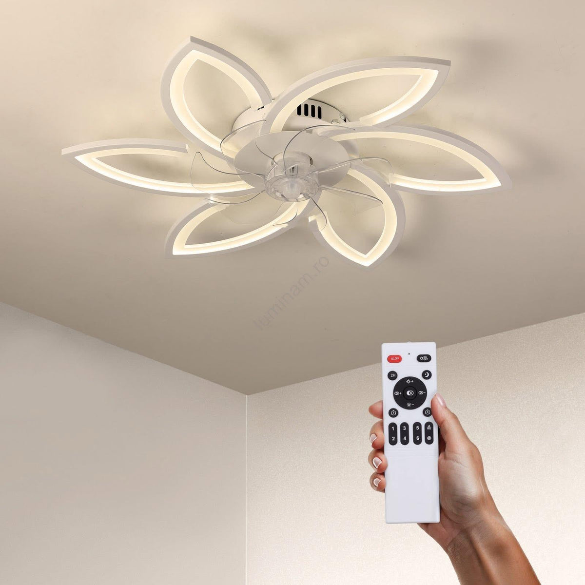 Lustra LED RFAN, Model R9164/6, cu Ventilator si Telecomanda, 3 Tipuri De Lumina, Intensitate Reglabila, 81W, Alb
