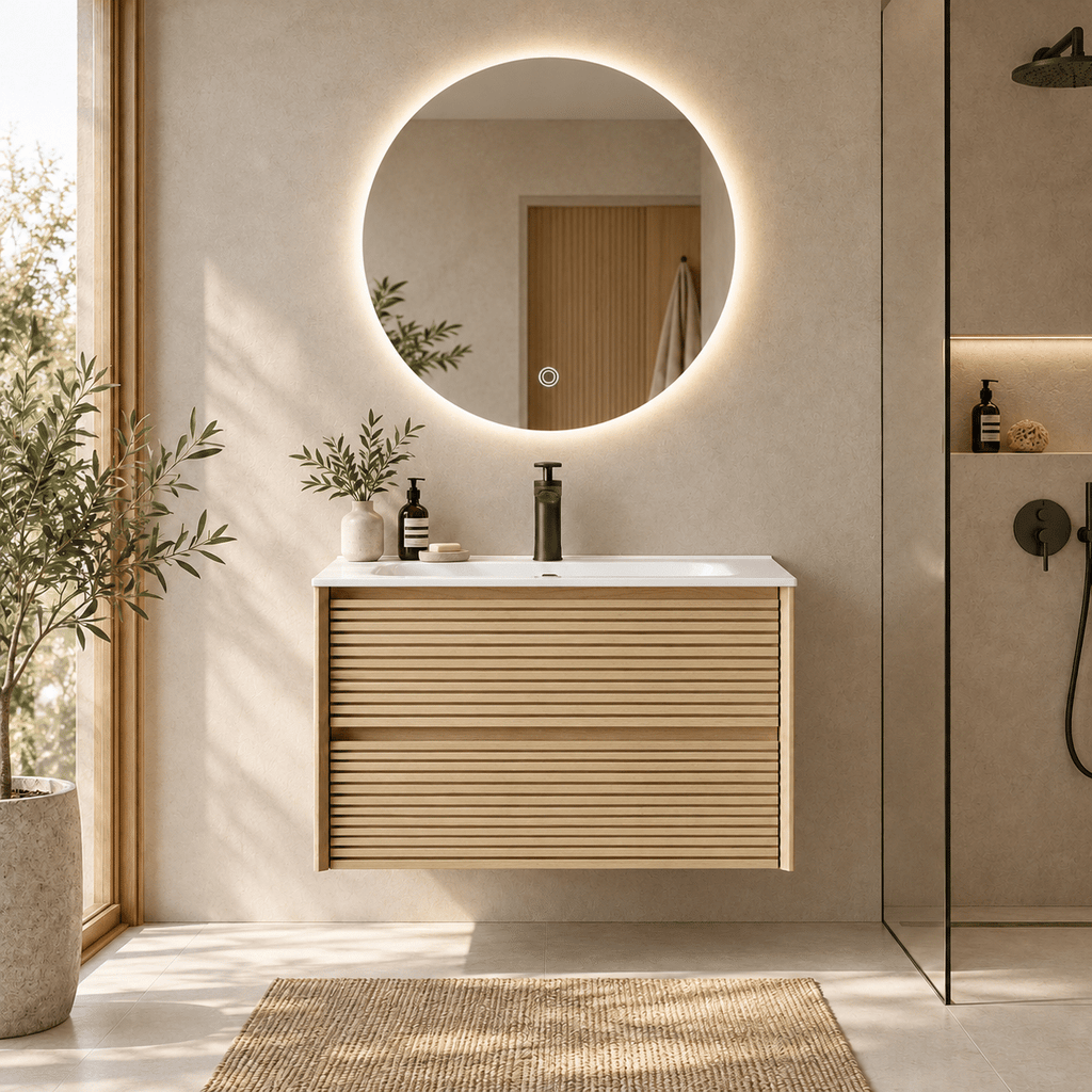 Set Mobilier Baie 80 cm cu Lavoar Ceramic și Oglindă LED 70×70 cm, Stejar Greige