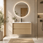 Set Mobilier Baie 80 cm cu Lavoar Ceramic și Oglindă LED 70×70 cm, Stejar Greige