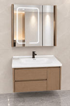 Set Mobilier Baie 80 cm cu Lavoar Ceramic și Dulap cu Oglindă LED, Stejar Greige