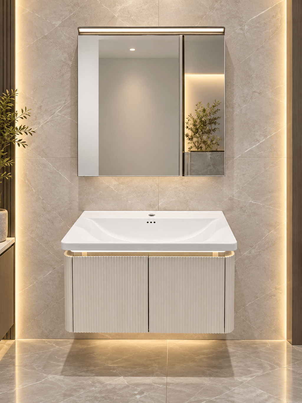 Set Mobilier Baie LED 80 cm cu Lavoar Ceramic și Dulap cu Oglindă LED, Alb