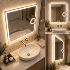 Oglindă LED 50×70 cm cu Lupă Cosmetică, Dezaburire, 3 Tipuri de Lumină, Touch