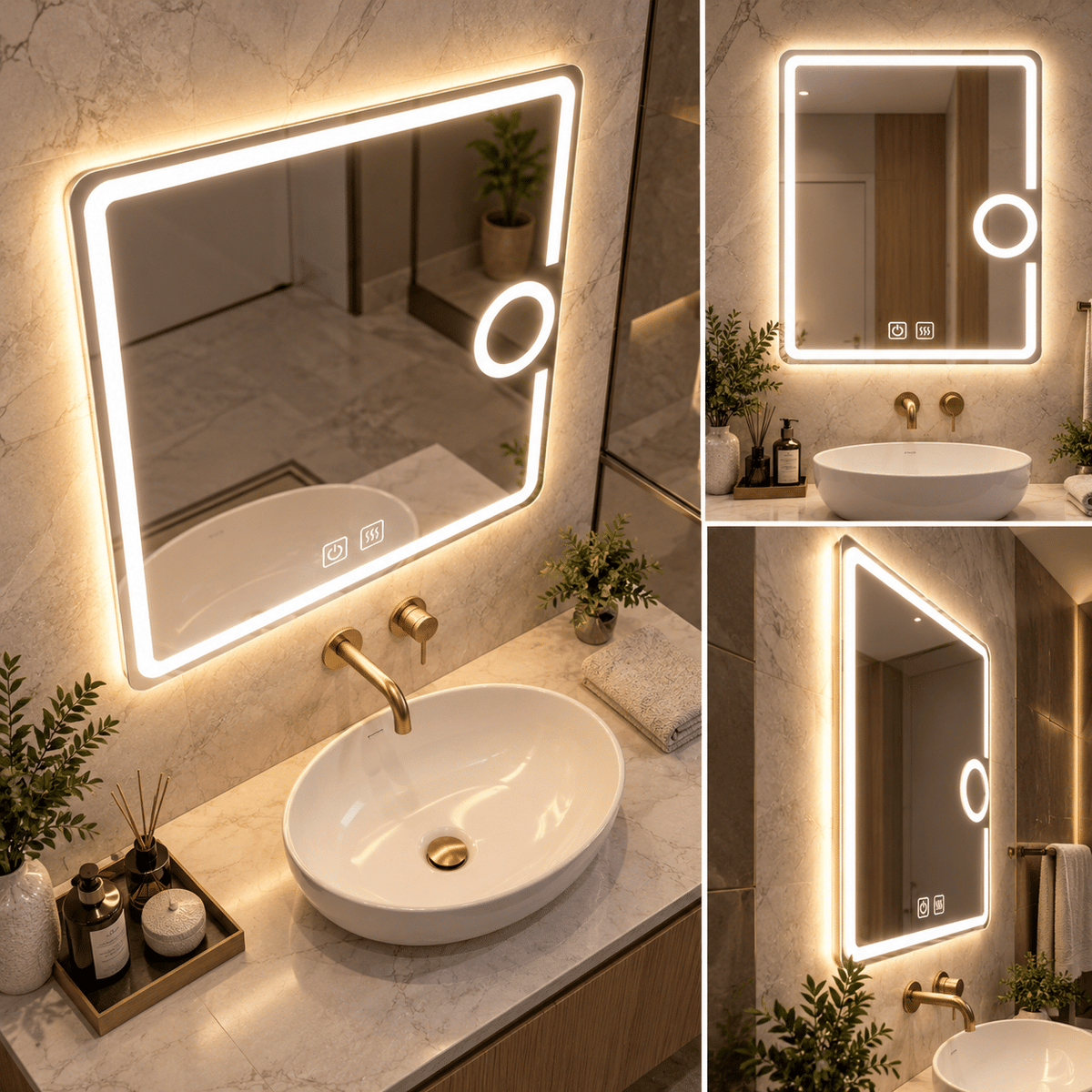 Oglindă LED 50×70 cm cu Lupă Cosmetică, Dezaburire, 3 Tipuri de Lumină, Touch
