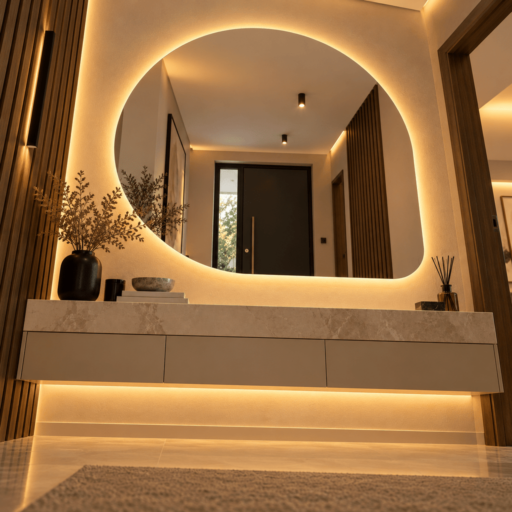 Oglindă LED Asimetrică 80×80 cm, Iluminare Spate, Dezaburire, 3 Tipuri de Lumină, Touch