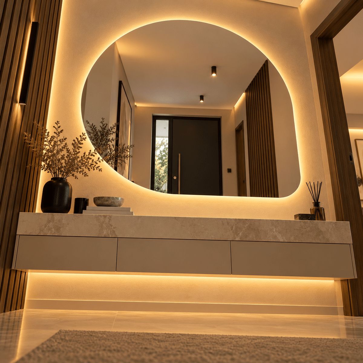 Oglindă LED Asimetrică 80×80 cm, Iluminare Spate, Dezaburire, 3 Tipuri de Lumină, Touch