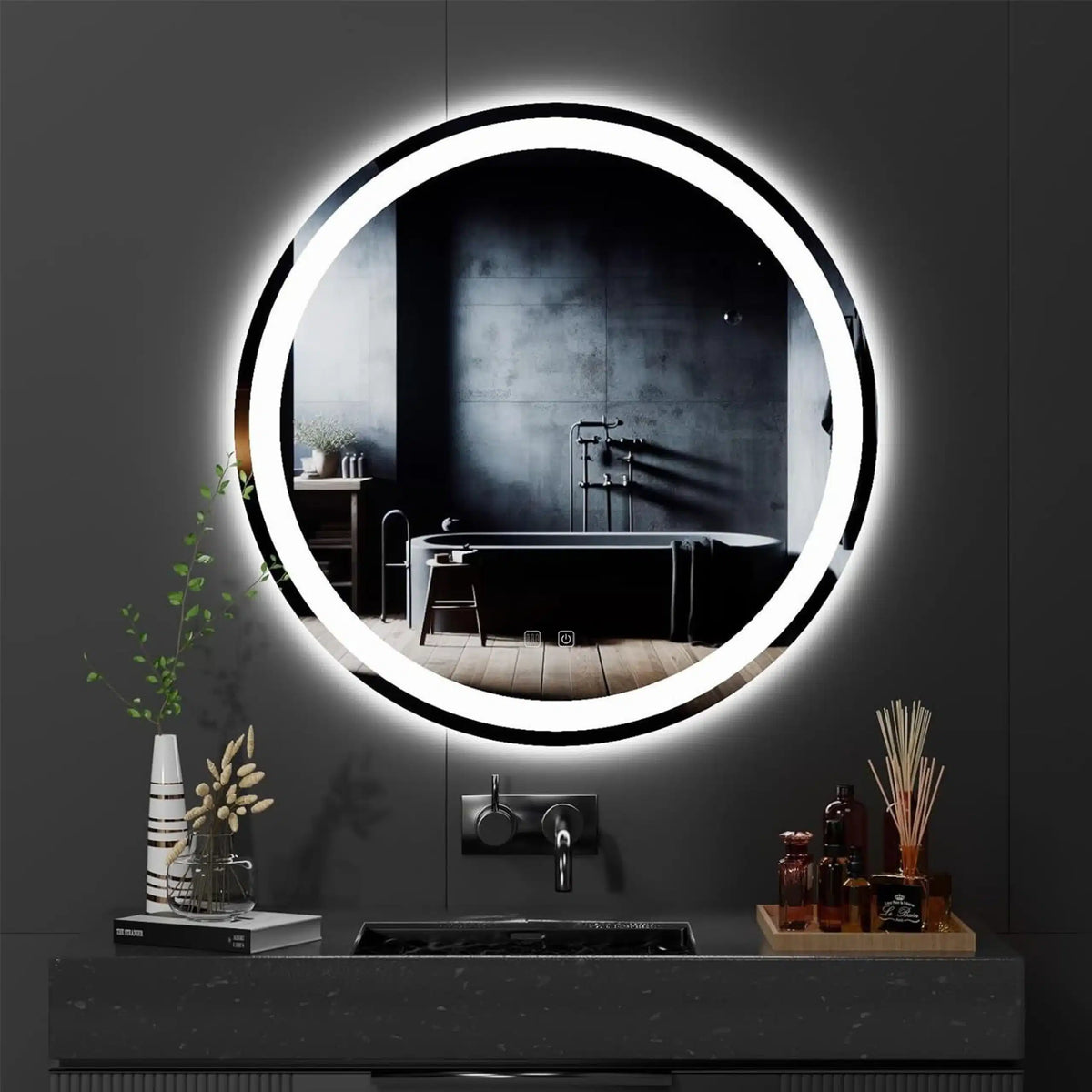 Oglindă LED Rotundă 80×80 cm, Iluminare Față + Spate, Dezaburire, 3 Tipuri de Lumină, Touch