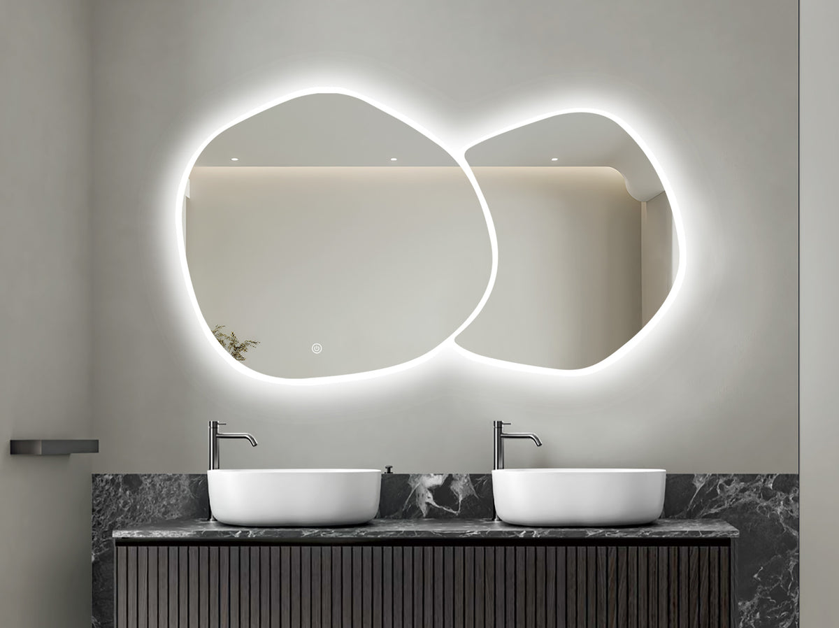 Oglinda LED Dubla, Asimetrica Premium 140×80 cm, Touch, 3 Tipuri Lumina – Calda, Rece, Naturala