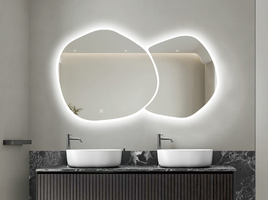Oglinda LED Dubla, Asimetrica Premium 140×80 cm, Touch, 3 Tipuri Lumina – Calda, Rece, Naturala