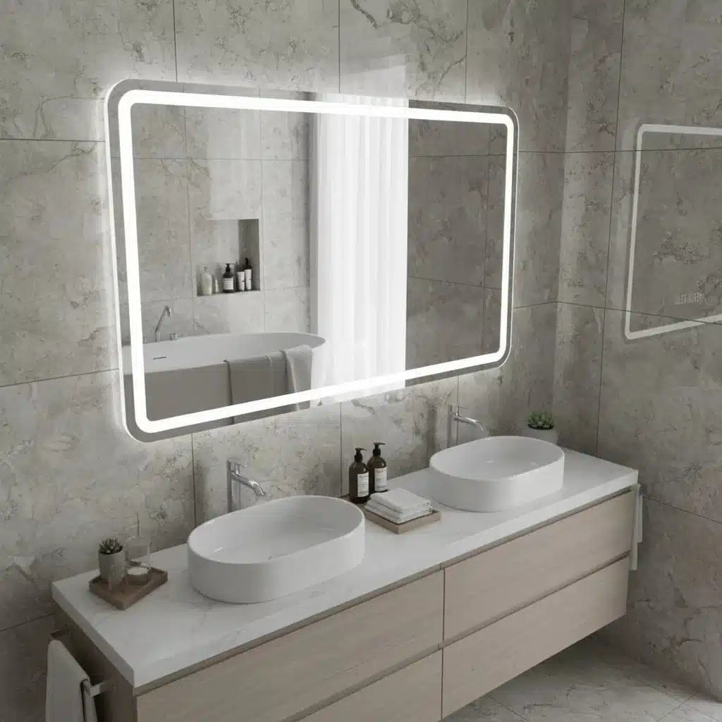 Oglindă LED Dreptunghiulară 130×80 cm, Iluminare Față + Spate, Dezaburire, 3 Tipuri de Lumină, Touch