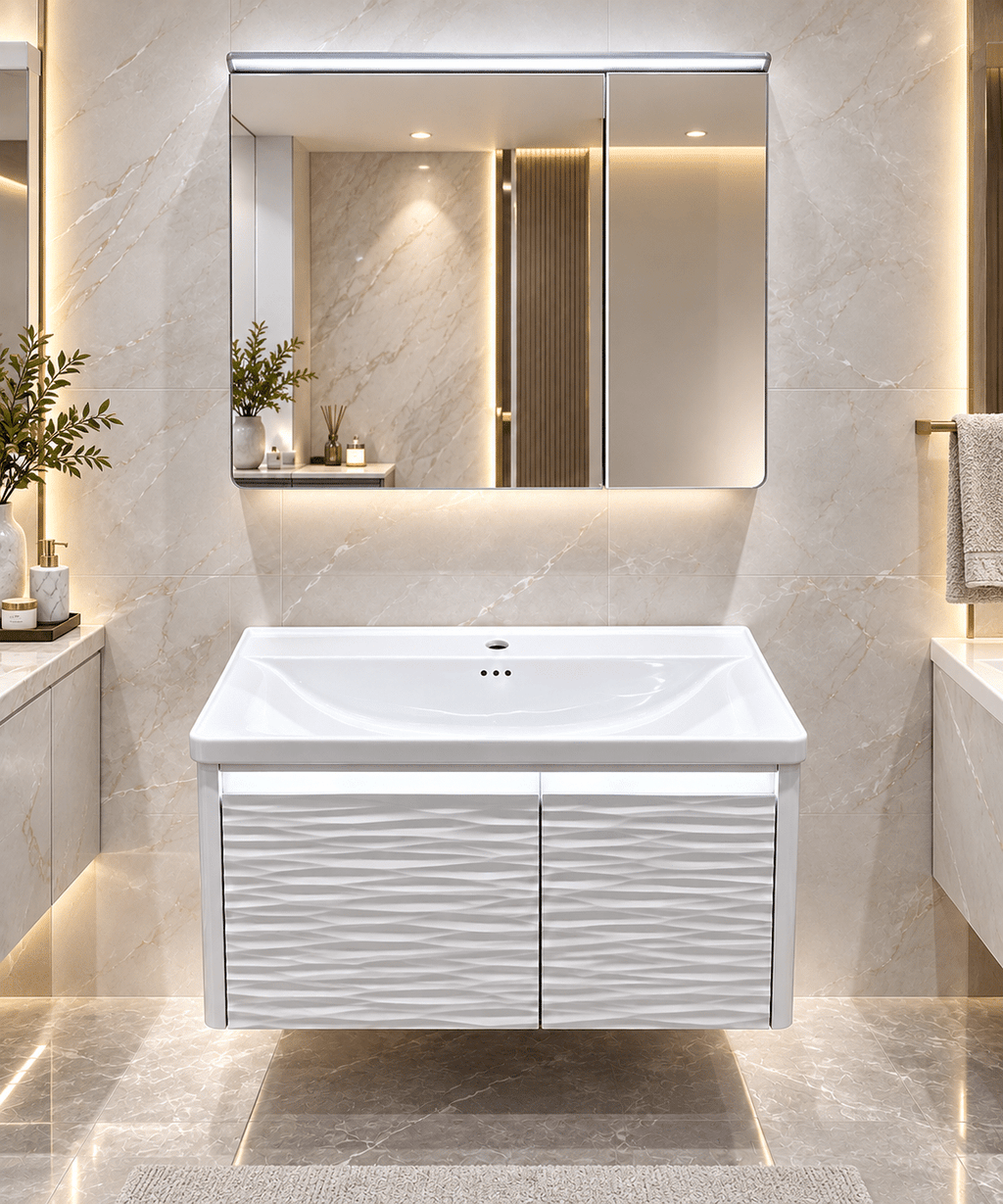 Set Mobilier Baie LED 80 cm cu Lavoar Ceramic și Dulap cu Oglindă LED, Alb
