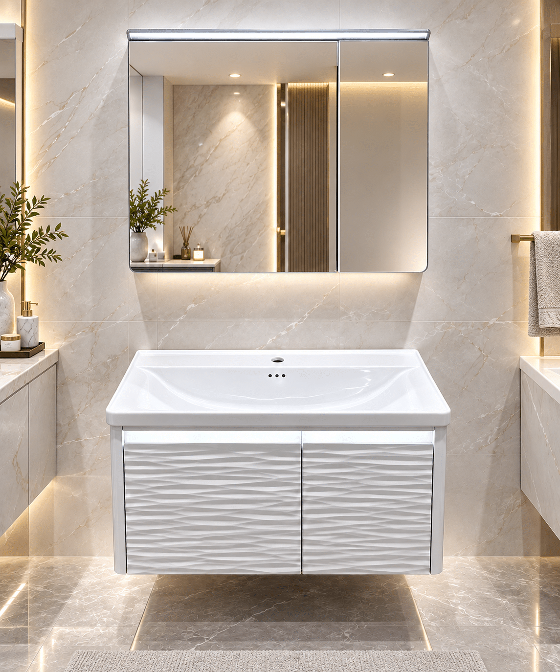 Set Mobilier Baie LED 80 cm cu Lavoar Ceramic și Dulap cu Oglindă LED, Alb