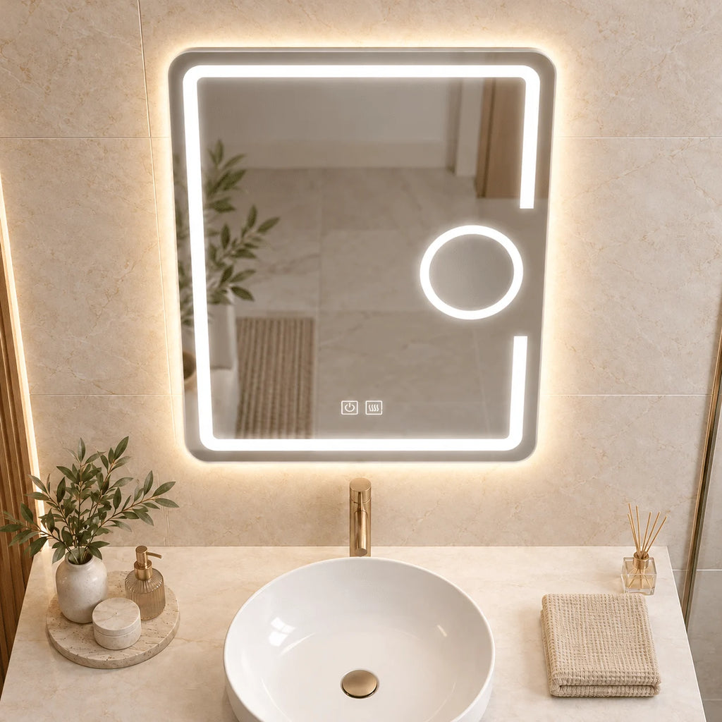 Oglindă LED 60×80 cm cu Lupă Cosmetică, Dezaburire, 3 Tipuri de Lumină, Touch