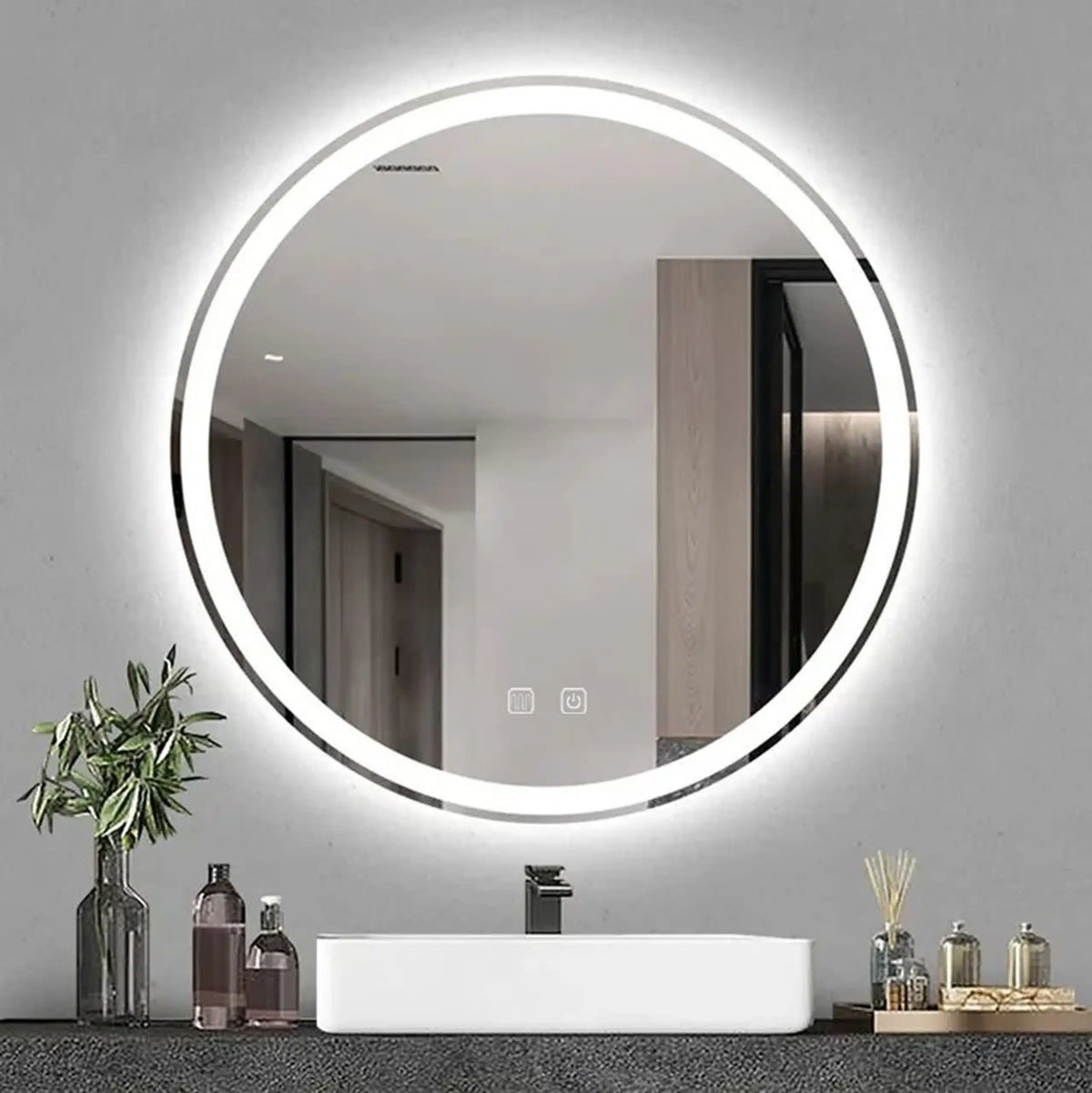 Oglindă LED Rotundă 80×80 cm, Iluminare Față + Spate, Dezaburire, 3 Tipuri de Lumină, Touch