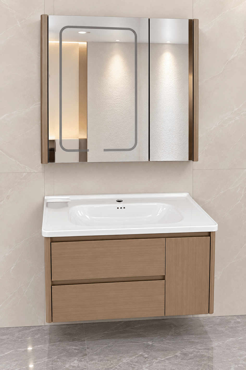 Set Mobilier Baie 80 cm cu Lavoar Ceramic și Dulap cu Oglindă LED, Stejar Greige