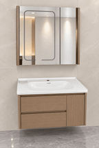 Set Mobilier Baie 80 cm cu Lavoar Ceramic și Dulap cu Oglindă LED, Stejar Greige