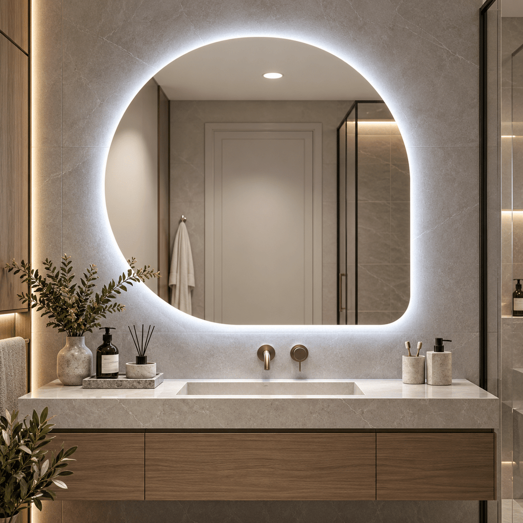 Oglindă LED Asimetrică 80×80 cm, Iluminare Spate, Dezaburire, 3 Tipuri de Lumină, Touch