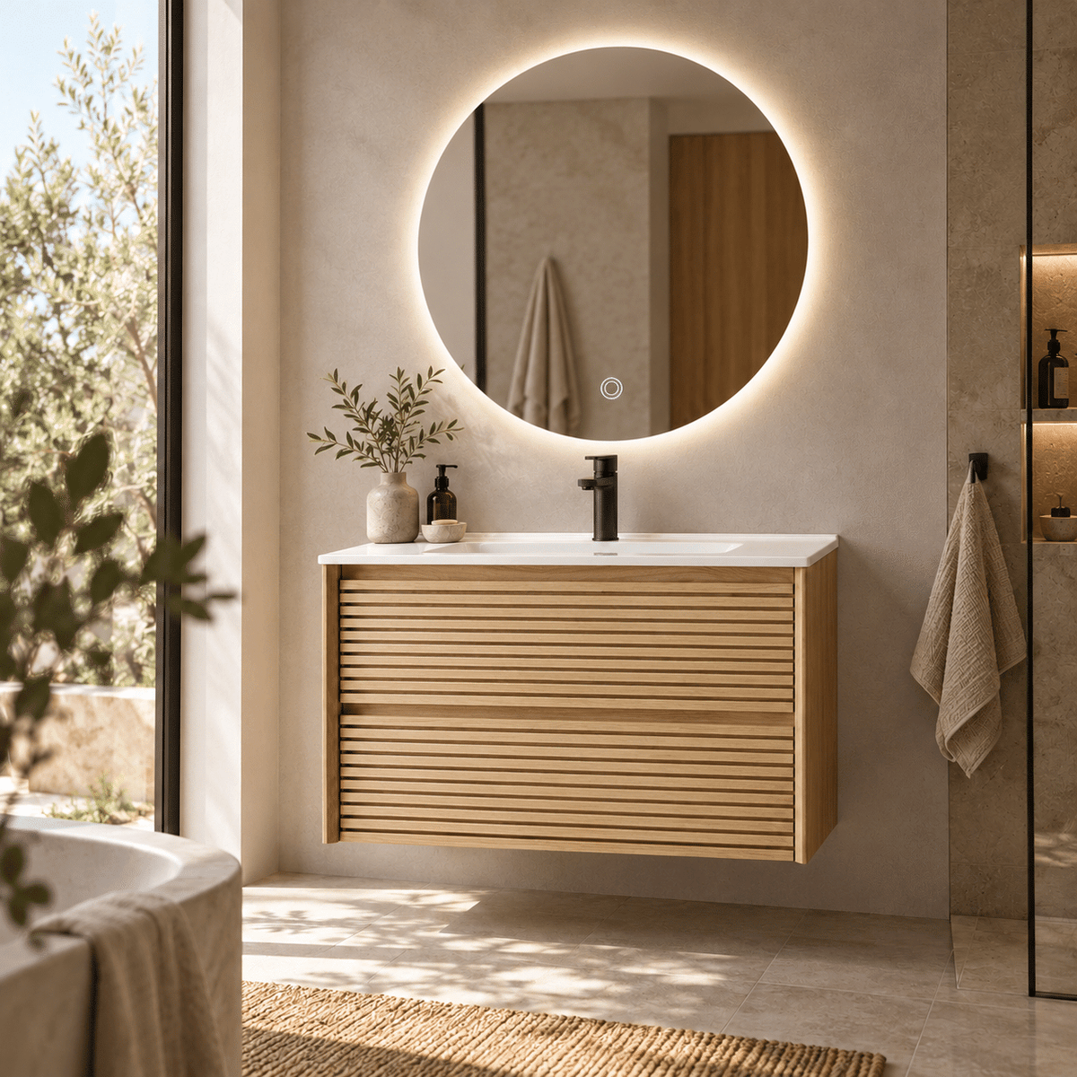 Set Mobilier Baie 80 cm cu Lavoar Ceramic și Oglindă LED 70×70 cm, Stejar Greige