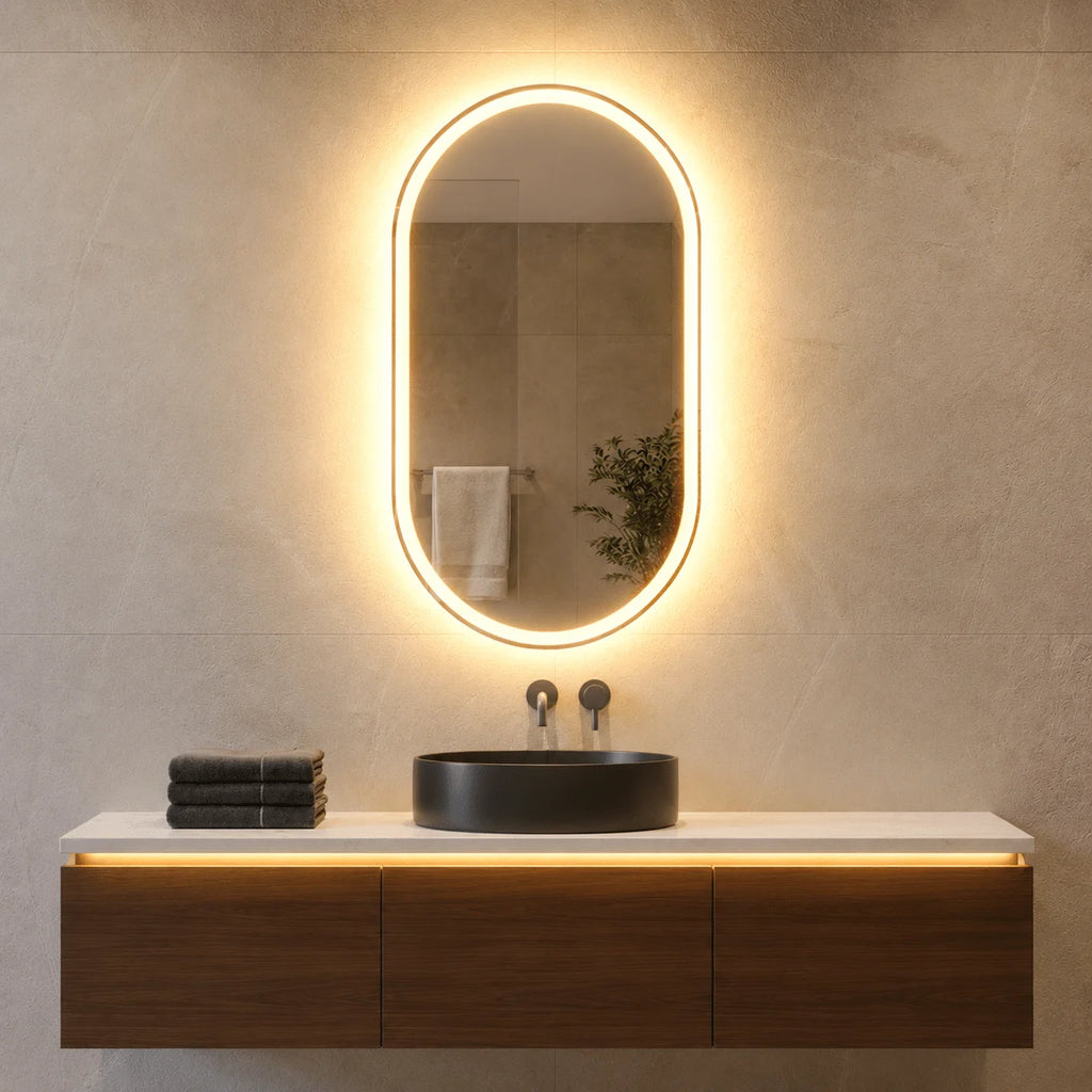 Oglindă LED Ovală 50×80 cm, Iluminare Față + Spate, Dezaburire, 3 Tipuri de Lumină, Touch