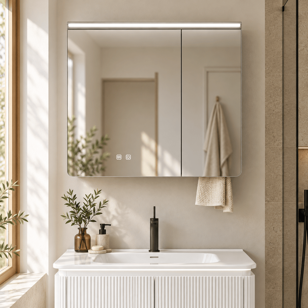 Set Mobilier Baie LED 80 cm cu Lavoar Ceramic și Dulap cu Oglindă LED, Alb