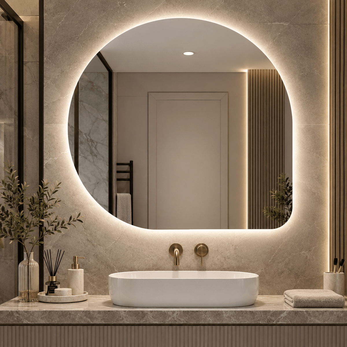 Oglindă LED Asimetrică 80×80 cm, Iluminare Spate, Dezaburire, 3 Tipuri de Lumină, Touch