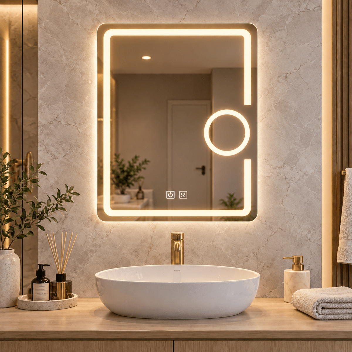 Oglindă LED 60×80 cm cu Lupă Cosmetică, Dezaburire, 3 Tipuri de Lumină, Touch
