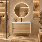 Set Mobilier Baie 80 cm cu Lavoar Ceramic și Oglindă LED 70×70 cm, Stejar Greige