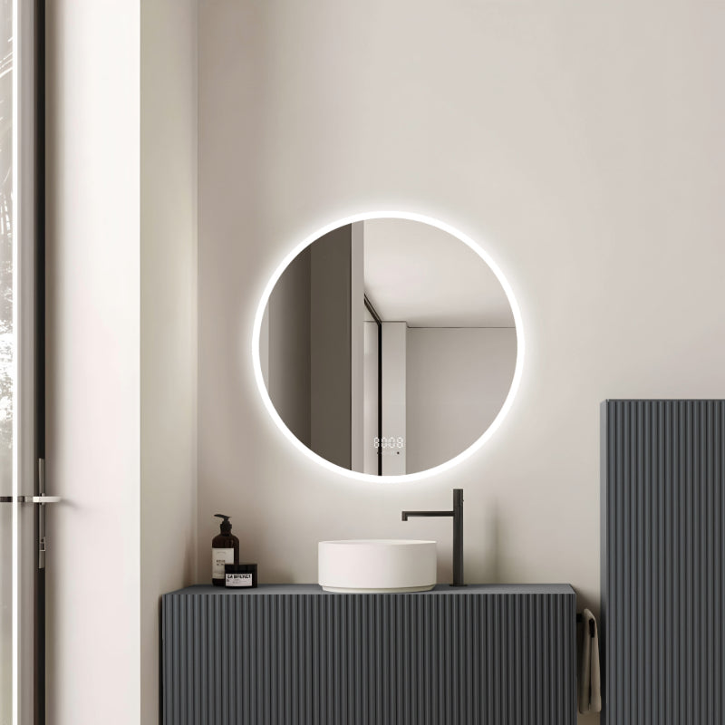 Oglinda LED 60×60 cm, Senzor Miscare Premium – 3 Tipuri de Lumina, Dimabila, Ceas & Temperatura, Dezaburire