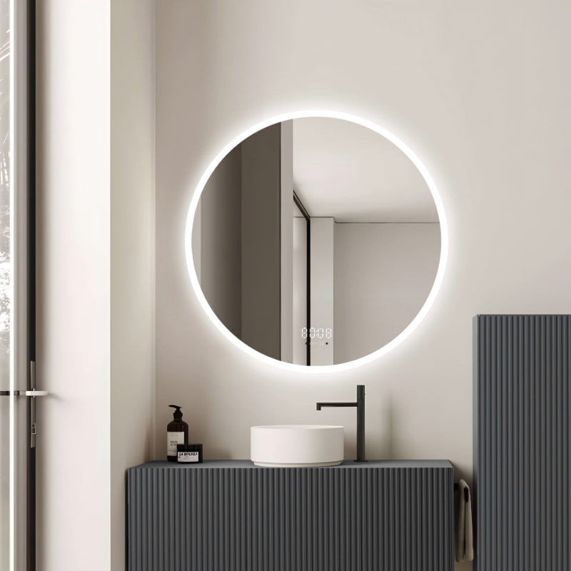 Oglinda LED 70×70 cm, Senzor Miscare Premium – 3 Tipuri de Lumina, Dimabila, Ceas & Temperatura, Dezaburire