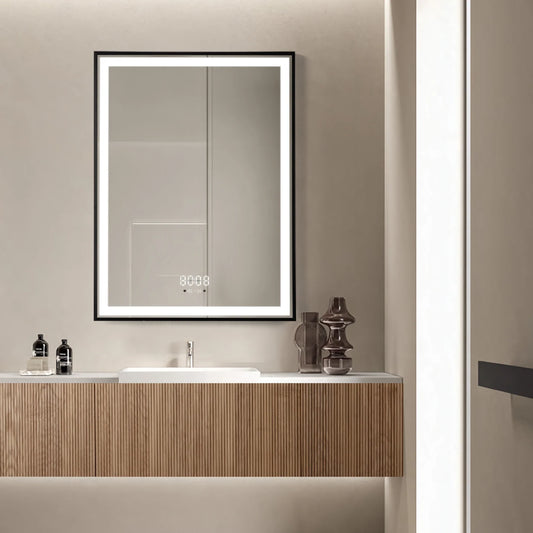 Oglinda LED 60×80 cm cu Rama Neagra, Senzor Miscare Premium – 3 Tipuri de Lumina, Dimabila, Ceas & Temperatura, Dezaburire