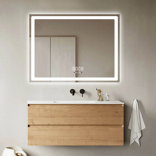 Oglinda LED 80×60 cm Dreptunghiulara, Senzor Miscare Premium – 3 Tipuri de Lumina, Dimabila, Ceas & Temperatura, Dezaburire