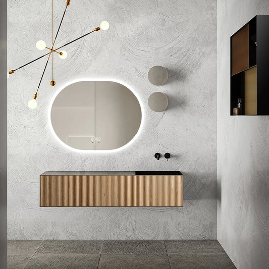 Oglinda LED 80×60 cm , Senzor Miscare Premium – 3 Tipuri de Lumina, Dimabila, Ceas & Temperatura, Dezaburire