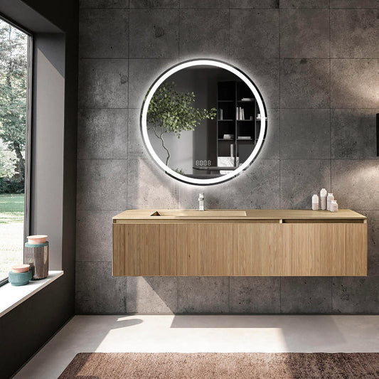 Oglinda LED 70×70 cm Rotunda, Senzor Miscare Premium pentru 3 Tipuri de Lumina, Dimabila, Ceas & Temperatura, Dezaburire