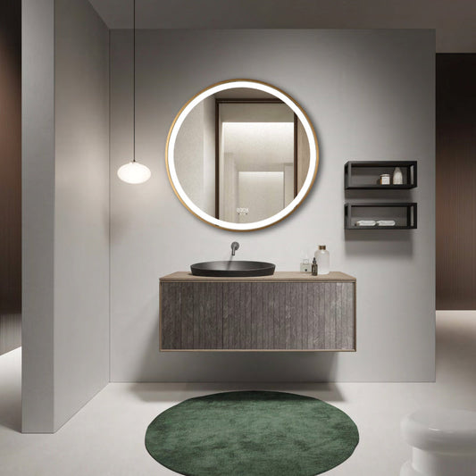 Oglinda LED 70×70 cm cu Rama Aurie, Senzor Miscare Premium – 3 Tipuri de Lumina, Dimabila, Ceas & Temperatura, Dezaburire