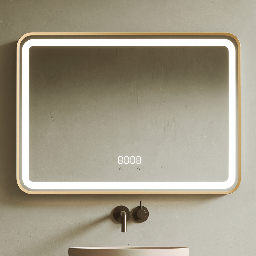 Oglinda LED 80×60 cm Dreptunghiulara, Senzor Miscare Premium, 3 Tipuri de Lumina, Dimabila, Ceas & Temperatura, Dezaburire, cu Rama Aurie