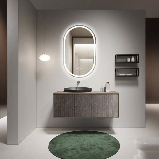 Oglinda LED 50×80 cm Ovala, Senzor Miscare Premium – 3 Tipuri de Lumina, Dimabila, Ceas & Temperatura, Dezaburire