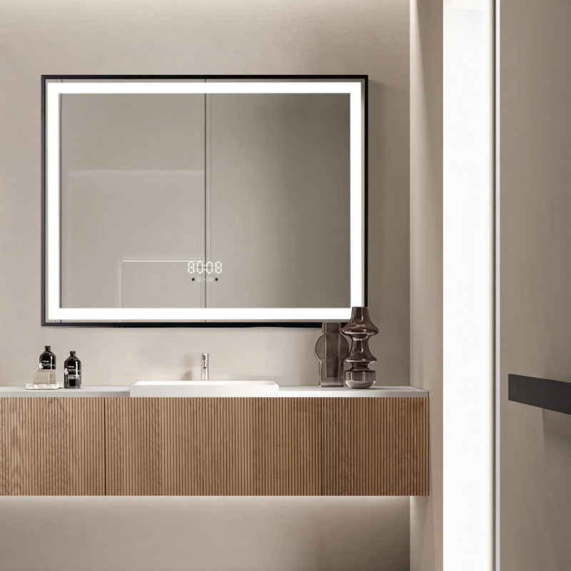Oglinda LED 80×60 cm cu Rama Neagra, Senzor Miscare Premium – 3 Tipuri de Lumina, Dimabila, Ceas & Temperatura, Dezaburire