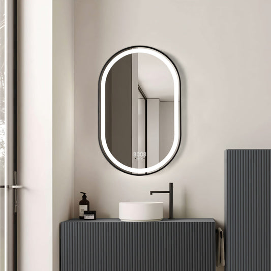 Oglinda LED 60×80 cm cu Rama Neagra Ovala, Senzor Miscare Premium – 3 Tipuri de Lumina, Dimabila, Ceas & Temperatura, Dezaburire