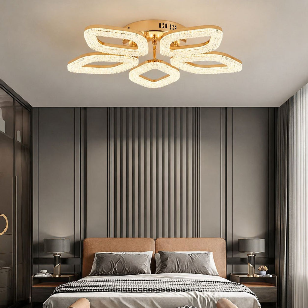 Lustra LED RFAN, Model J301-5, Cu Telecomanda, 3 Tipuri De Lumina, Intensitate Reglabila, 100W, Auriu