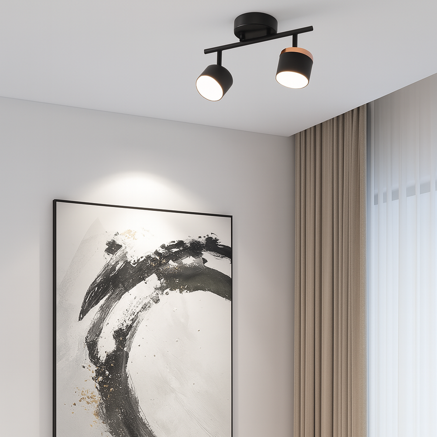 Aplica LED RFAN, Model DB60310-2, 2 Spoturi Orientabile, Soclu GX53, 2x9W, Montaj Aplicat, Negru cu Detalii Aurii, Design Modern, Ø32 cm 1